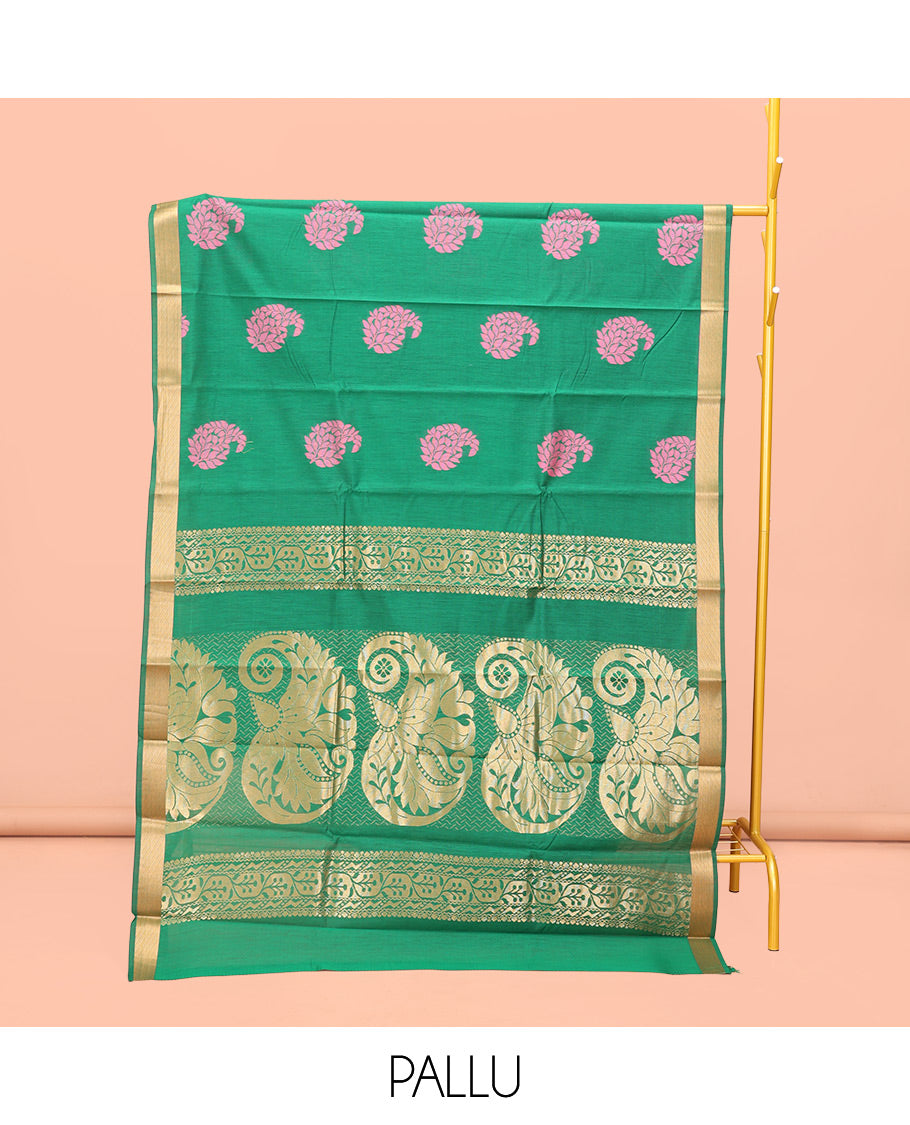Green Semi-Silk Cotton Saree, Detailed with Paisley Zari Buttas All Over Its Body, Highlighted by a Zari Border, Pallu of Floral and Paisley Design, and Paired with a Matching Blouse