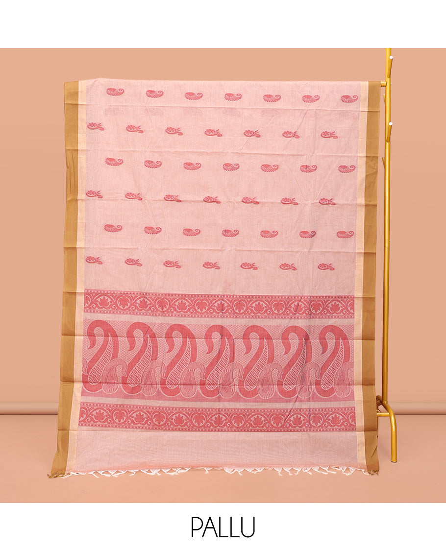 Sandal Kanchi Cotton Saree, Woven with Buttas on Its Body, Complemented by Contrast Border, Pallu of Paisleys, and a Matching Blouse