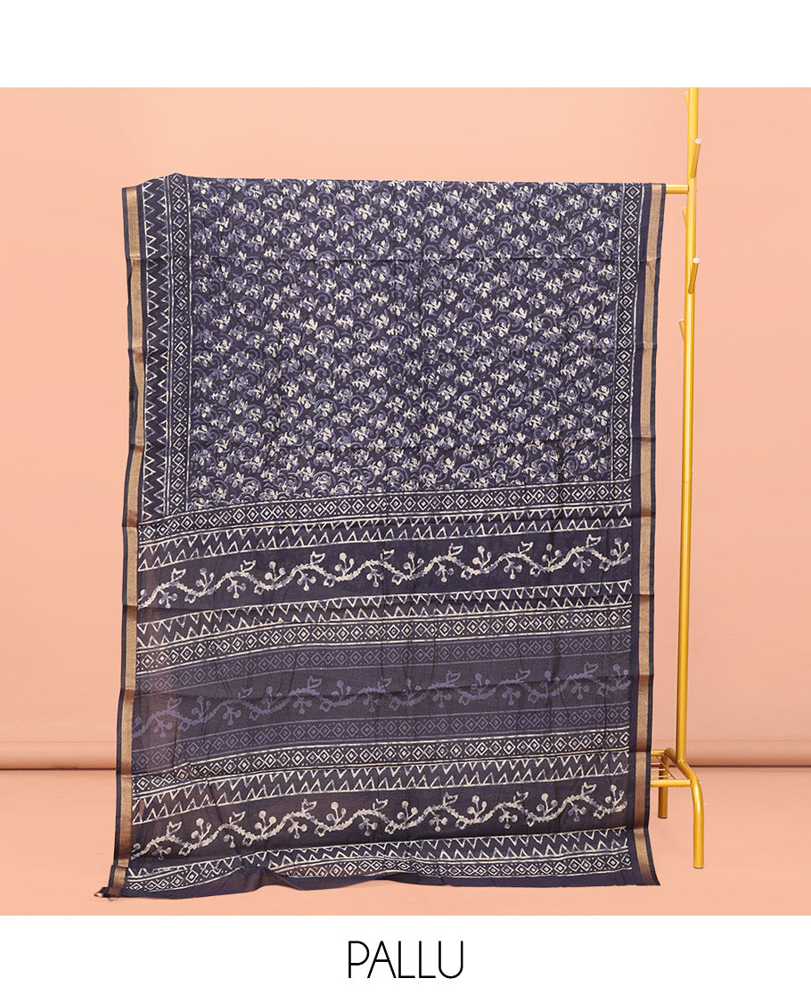 Blue Kanchi Cotton Saree, Decked Up with Floral Print All Over Its Body, a Subtle Self-Border, Pallu of Block Printed Geometric Designs, and Paired with a Contrast Blouse