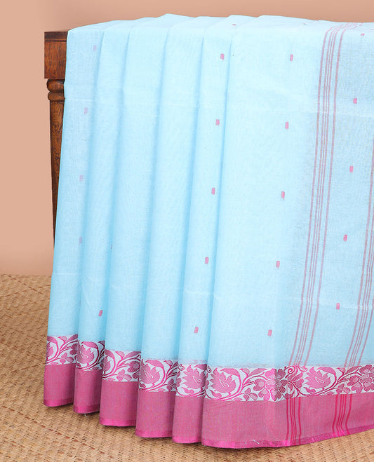 Light blue floral motifs bengal cotton saree with contrast floral design border & striped, motifs pallu