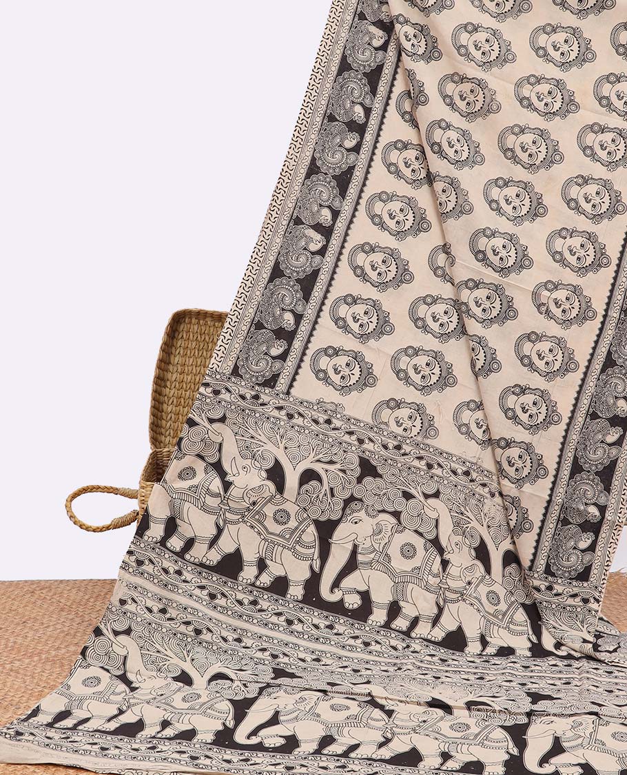 white human motifs machine printed kalamkari cotton saree with contrast peacock border & forest design pallu