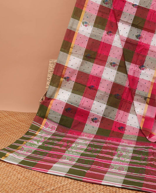 multi-color floral, polka dot design chirla cottton saree with contrast striped border & floral, striped design pallu