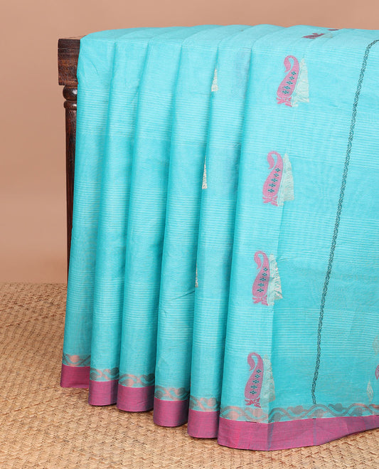 Light blue striped, floral design coimbatore cotton saree with contrast plain border & floral design pallu