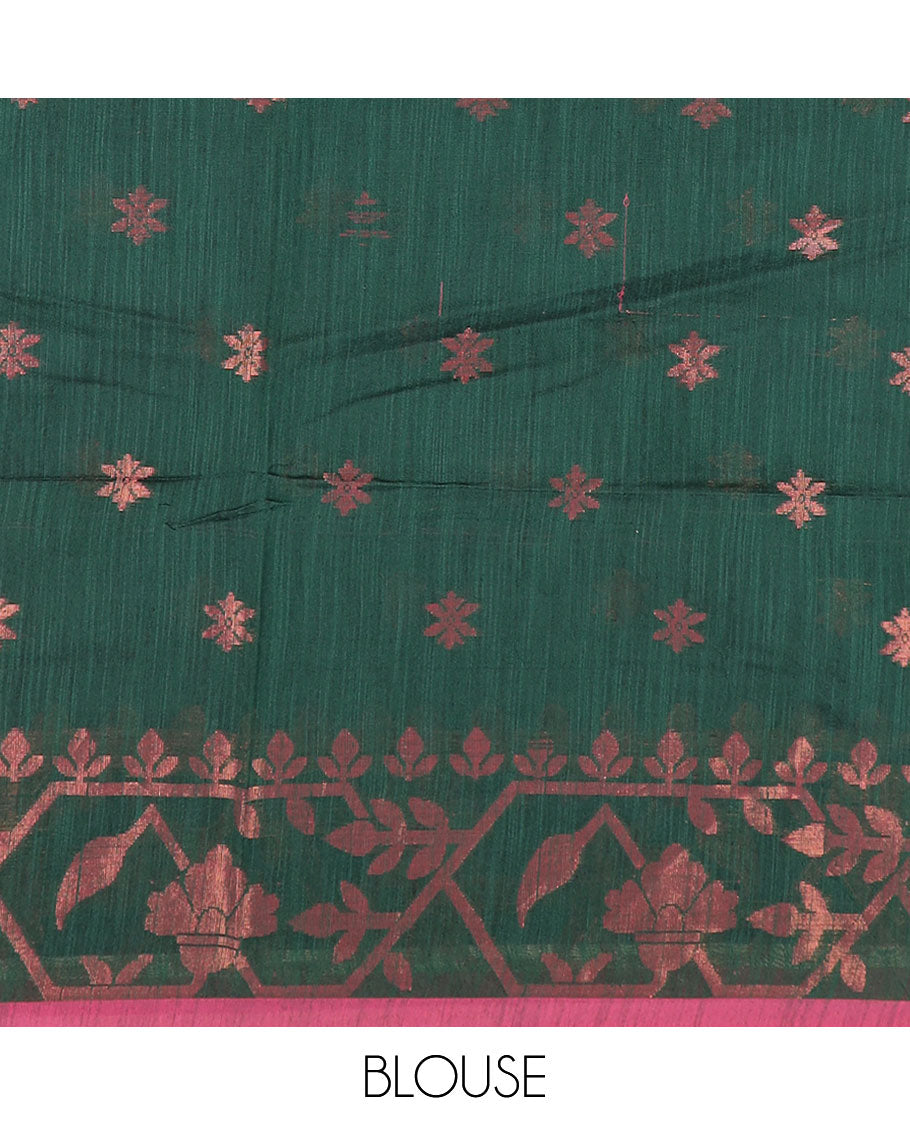 Green zari buttas Kadhi cotton saree, paithani-style floral-theme zari woven border & paithani-style motifs zari woven pallu