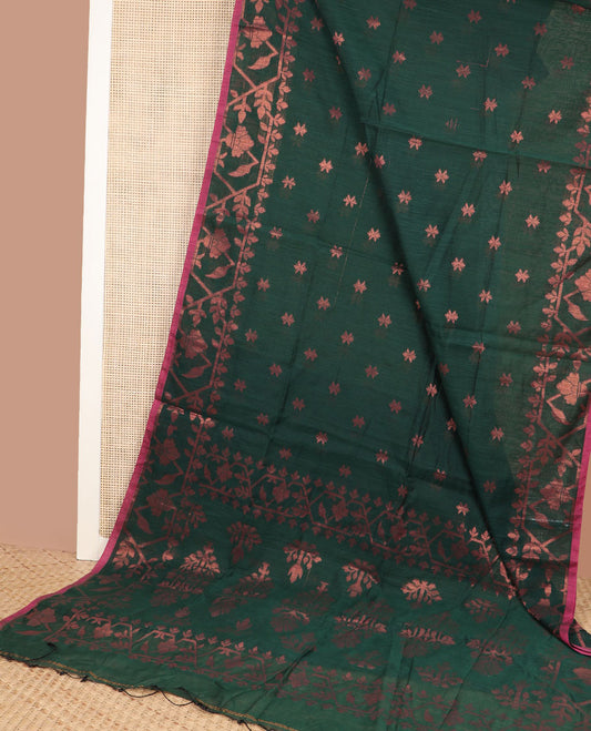 Green zari buttas Kadhi cotton saree, paithani-style floral-theme zari woven border & paithani-style motifs zari woven pallu
