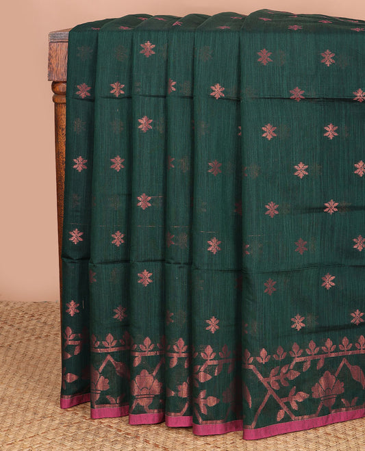 Green zari buttas Kadhi cotton saree, paithani-style floral-theme zari woven border & paithani-style motifs zari woven pallu