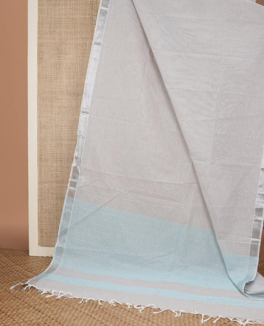 Grey plain design jute cotton saree, zari border & striped pallu