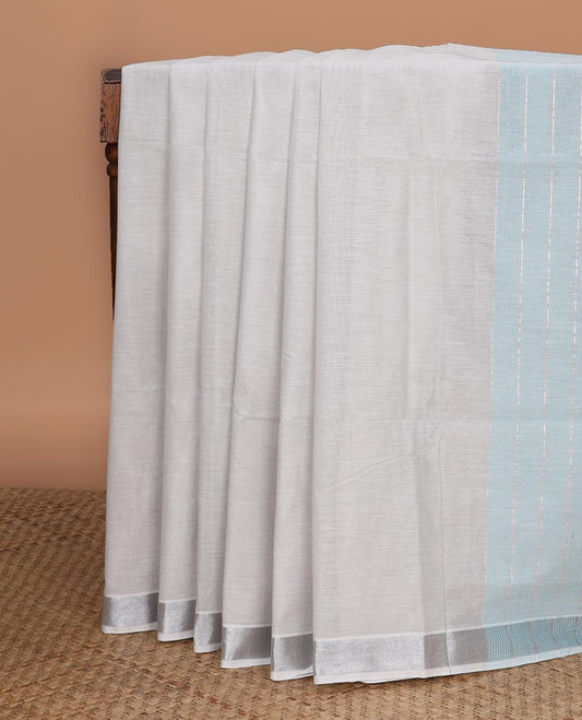 Grey plain design jute cotton saree, zari border & striped pallu