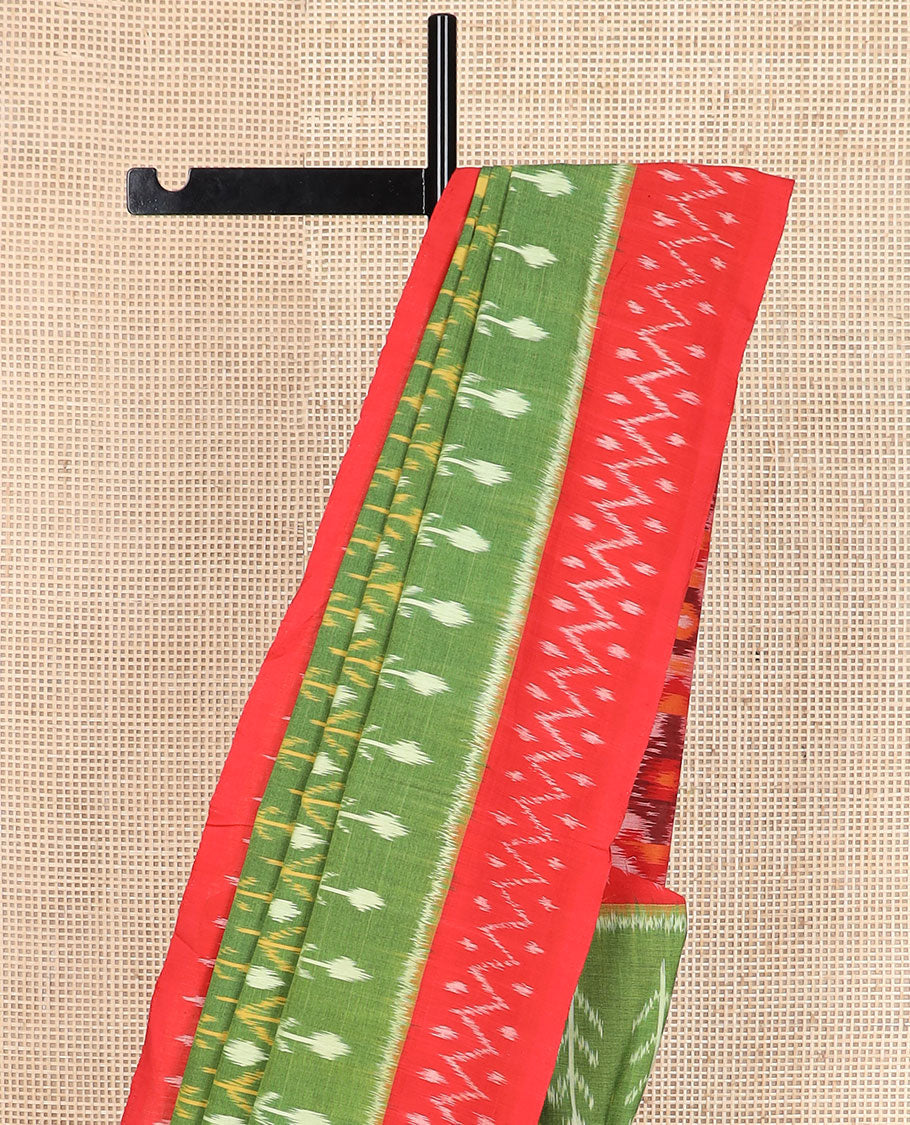 Green floral-style buttas ikkat cotton saree, contrast ikkat border & contrast ikkat design pallu