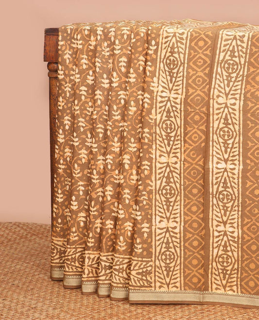 Brown floral design chanderi cotton saree with self zari border & floral design pallu