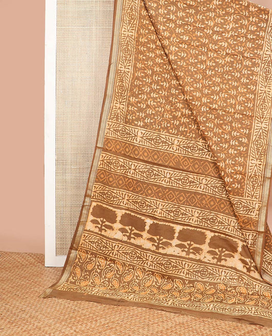 Brown floral design chanderi cotton saree with self zari border & floral design pallu