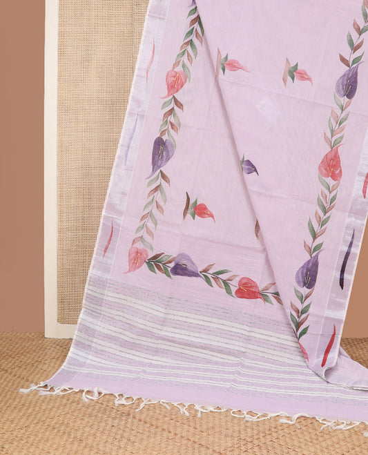 Pastel lavender hand-brushing-style floral printed jute cotton saree, zari & printed border & striped pallu