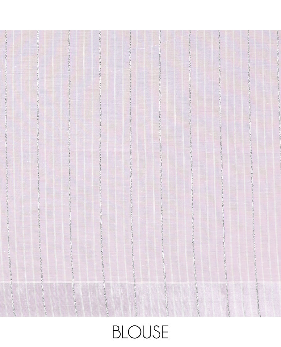 Pastel lavender hand-brushing-style floral printed jute cotton saree, zari & printed border & striped pallu