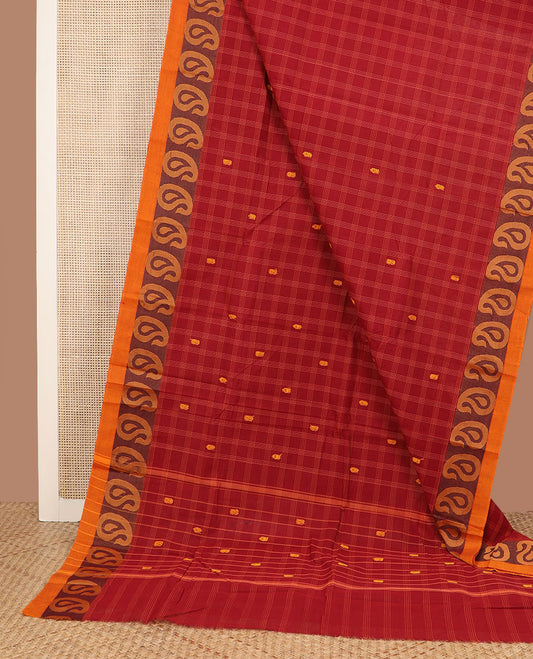 Red checked Chettinad cotton saree with buttas, contrast paisley design border & pallu of stripes & buttas