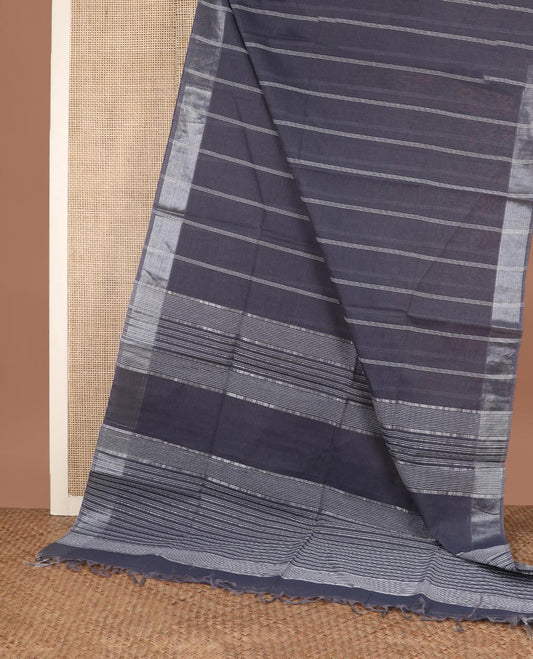 Elephant grey striped jute cotton saree, zari border and zari striped pallu