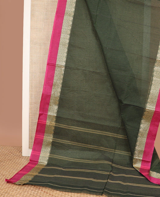 Green striped Bengal cotton saree, contrast intricately designed border, and striped pallu