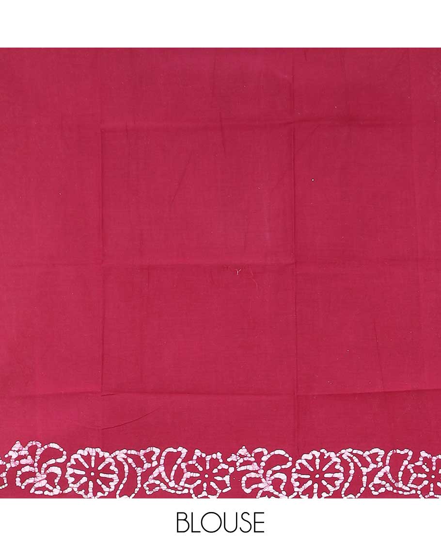 Blue batik printed sungudi cotton saree, contrast floral batik border, and batik floral pallu