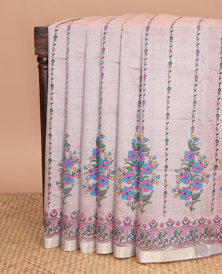 Pink floral design buttas printed chirala cotton saree, bavanji border, and contrast paisley print pallu