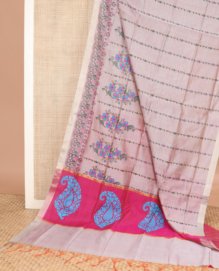 Pink floral design buttas printed chirala cotton saree, bavanji border, and contrast paisley print pallu