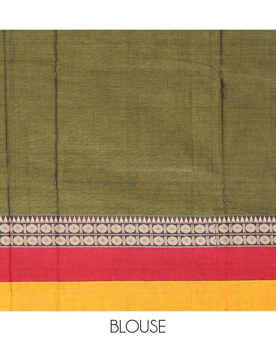 Green plain Narayanapet cotton saree, contrast rudraksham and temple motifs thread woven border, and striped pallu