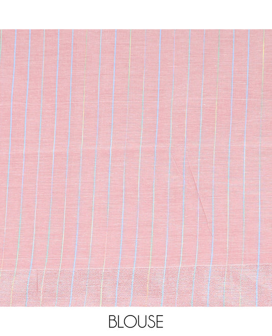 Blue heathered jute cotton saree, self-border, and contrast striped pallu