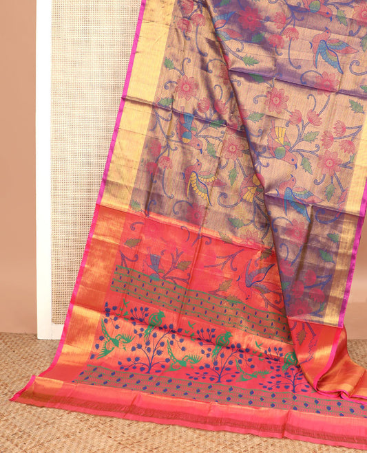 Grey floral vine and colorful bird printed Andhra cotton saree, bavanji border, and pallu of floral, and parrot print