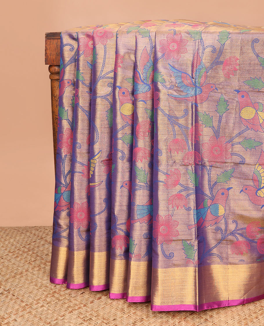 Grey floral vine and colorful bird printed Andhra cotton saree, bavanji border, and pallu of floral, and parrot print