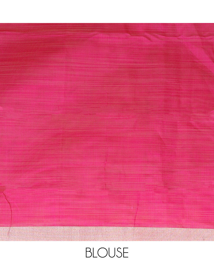 Pastel pink kalamkari floral vine printed Chirala cotton saree, plain border, and contrast floral printed pallu