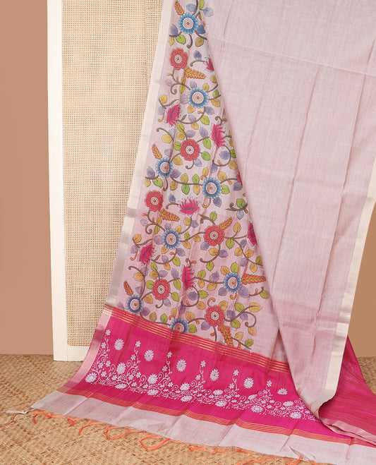 Pastel pink kalamkari floral vine printed Chirala cotton saree, plain border, and contrast floral printed pallu