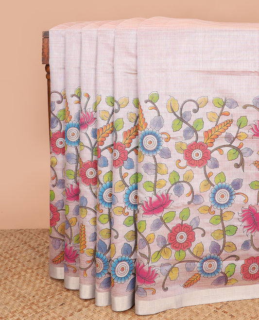 Pastel pink kalamkari floral vine printed Chirala cotton saree, plain border, and contrast floral printed pallu