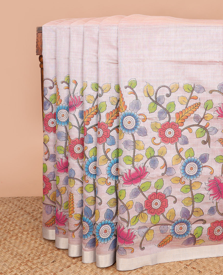 Pastel pink kalamkari floral vine printed Chirala cotton saree, plain border, and contrast floral printed pallu