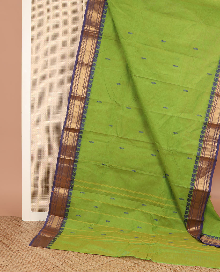 Parrot green buttas Chettinad cotton saree, contrast traditional design border, and striped pallu