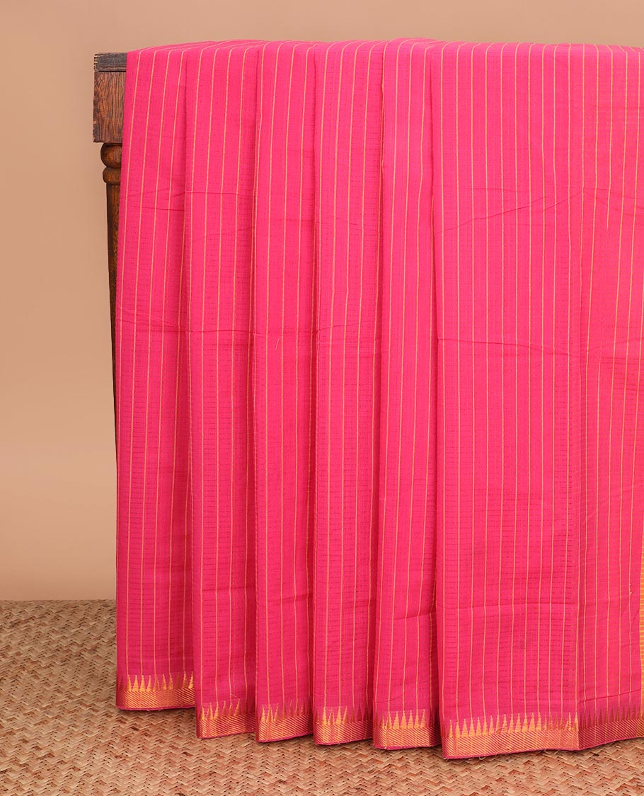 Rani pink vertical striped Mangalagiri cotton saree with temple zari border, and striped pallu