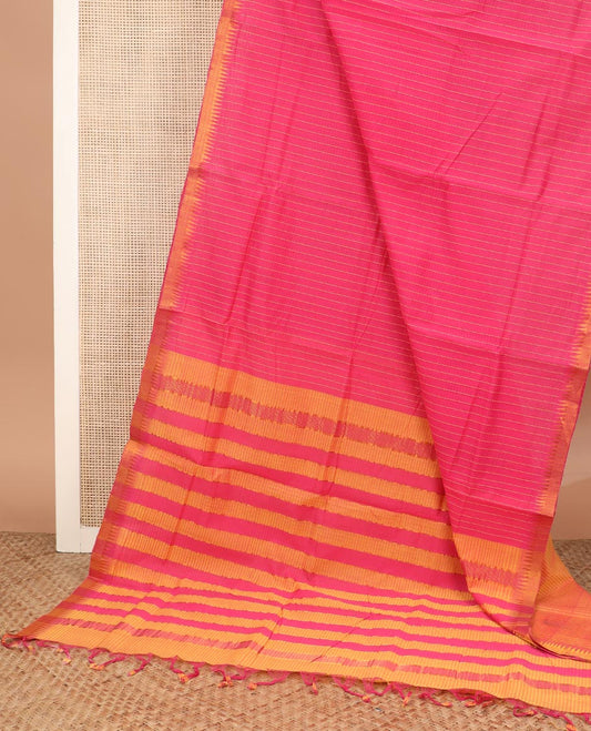 Rani pink vertical striped Mangalagiri cotton saree with temple zari border, and striped pallu