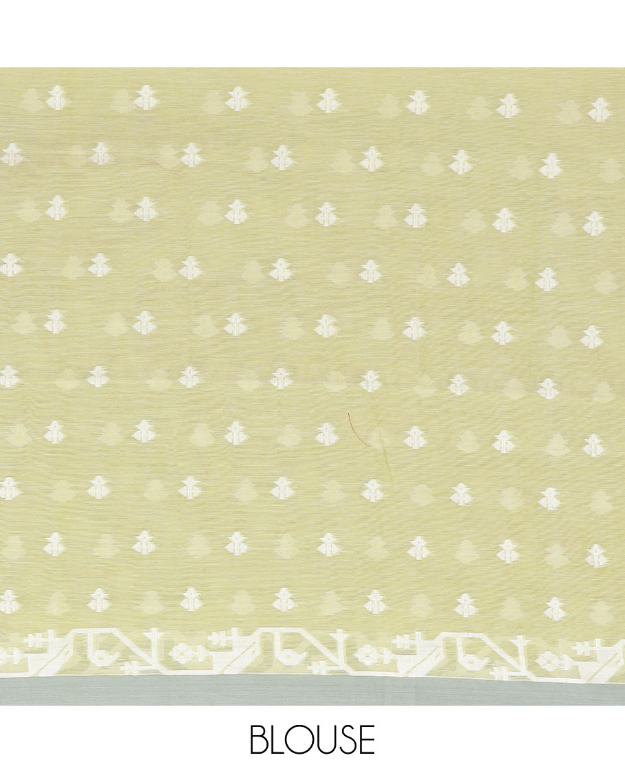 Green buttas woven Khadi cotton saree, contrast jamdani floral border, and jamdani-style floral creeper woven pallu