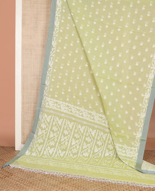 Green buttas woven Khadi cotton saree, contrast jamdani floral border, and jamdani-style floral creeper woven pallu