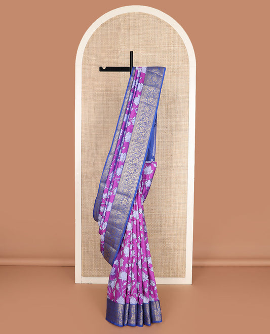 Purple Lotus vine and Pichwai cow motifs semi-banaras patola silk saree, contrast floral creeper zari border, and pallu of big peacock motifs