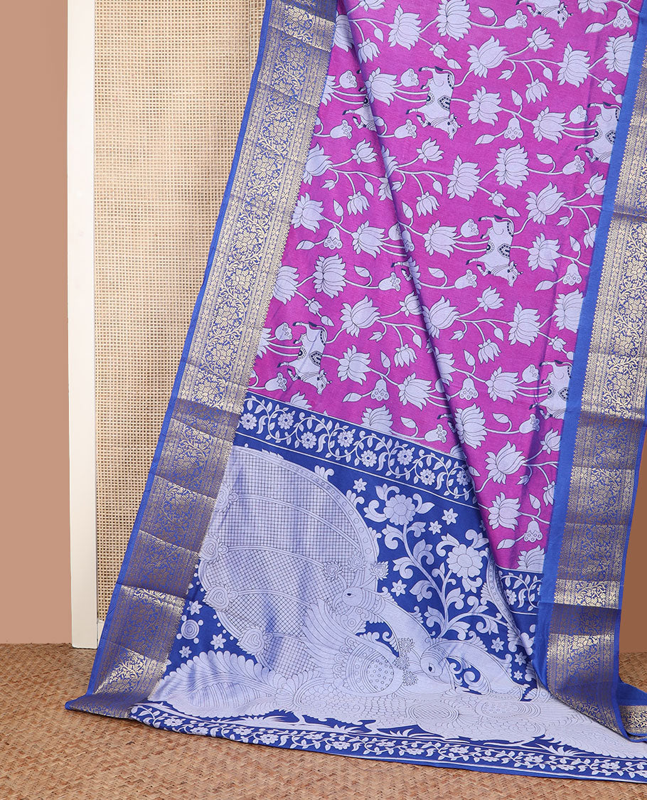 Purple Lotus vine and Pichwai cow motifs semi-banaras patola silk saree, contrast floral creeper zari border, and pallu of big peacock motifs