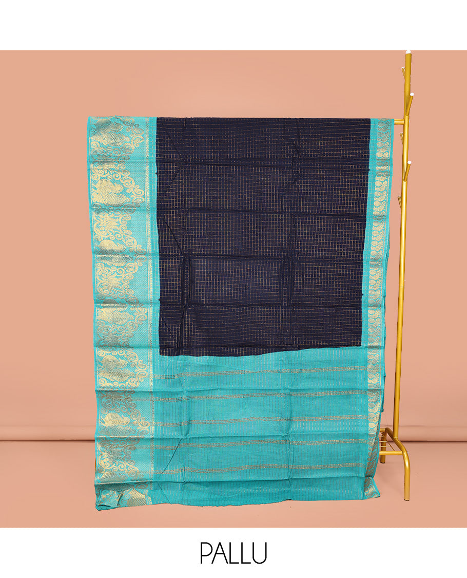 Navy Blue Sungudi Cotton Saree, Beautifully Bedecked with Zari Checks on Its Body, Complemented by a Contrast Traditional Zari Border of Peacocks, Zari-Striped Pallu, and Paired with a Contrast Blouse