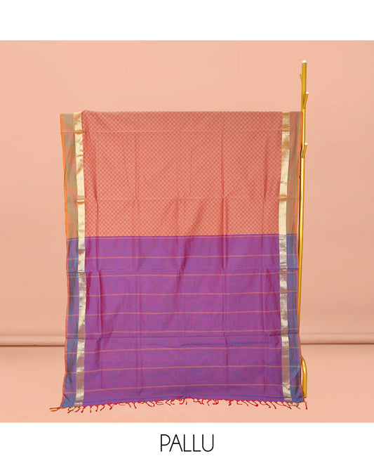 Peach Checked Poly Cotton Saree, Complemented by a Contrast Zari Border, Contrast Striped Pallu, and Paired with a Contrast Blouse