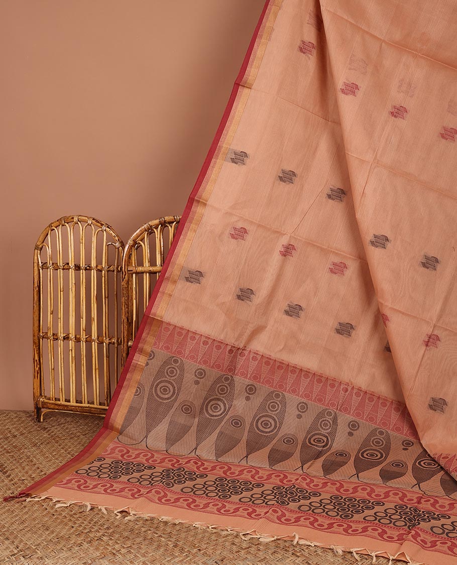 Brown striped Coimbatore cotton saree, with buttas,  contrast border & pallu of intricate designs