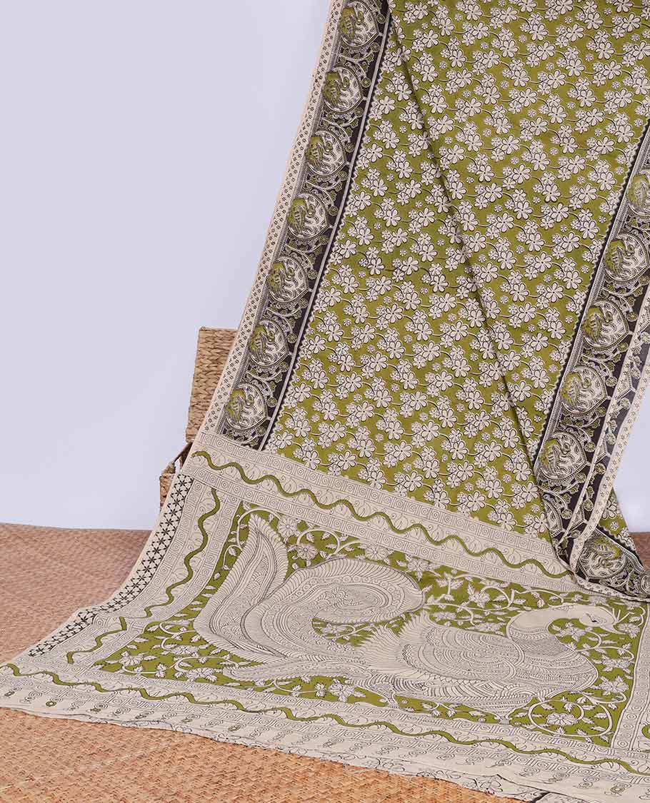 Green intricate design machine printed kalamkari cotton saree with contrast border&peacock inspried design pallu