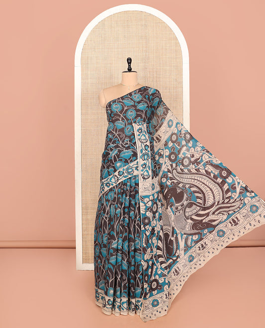 Black Kalamkari Cotton Saree, Impeccably Styled with Floral Vine Print, Contrast Floral Printed Border, Pallu of Peacock Motifs, and a Matching Blouse