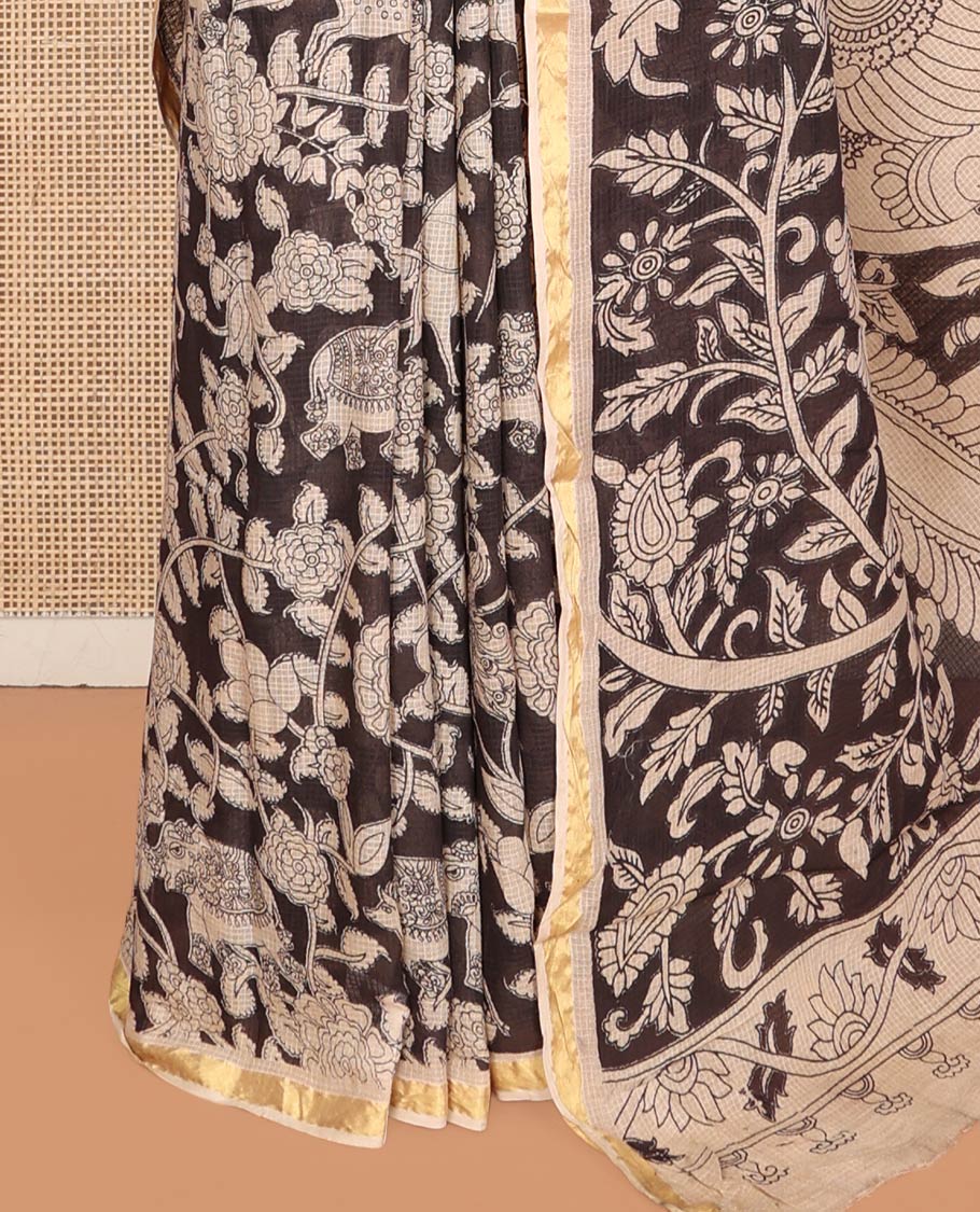 Black Machine-Printed Kalamkari Cotton Saree Features Flora-Fauna Motifs, a Piping Border, Pallu of Peacock Motifs, and a Matching Blouse