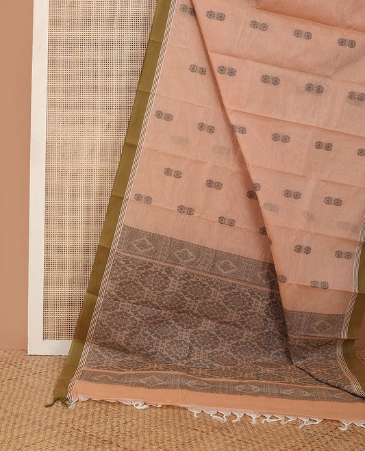 Sandal kanchi cotton saree with flower buttas, contrast plain border & intricately designed pallu