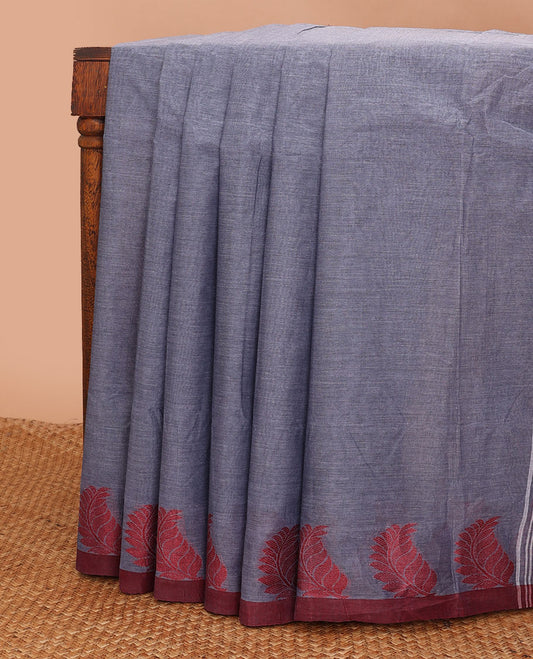 Grey plain Bengal cotton saree, contrast leaf design border & pallu of stripes