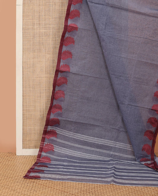 Grey plain Bengal cotton saree, contrast leaf design border & pallu of stripes