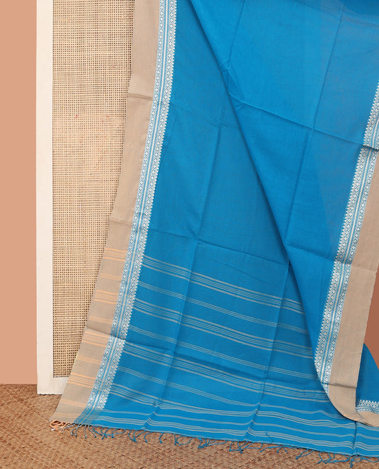 Blue Plain Khadi Cotton Saree, Complemented by a Contrast Traditional Motifs Thread Woven Border, Striped Pallu, and Comes Without a Blouse