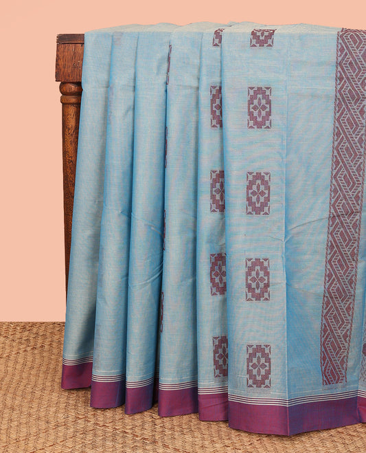 Blue Kanchi Cotton Saree, Embellished with Square Buttas All Over Its Body, Complemented by a Contrast Border, Pallu Features Floral Designs, and Paired with a Matching Blouse