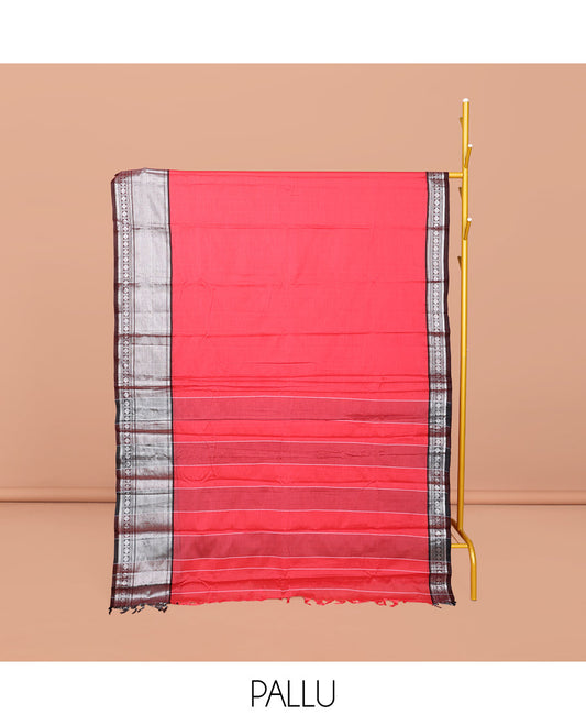 Pink Plain Narayanpet Cotton Saree, Complemented by a Contrast Traditional Design Border, Striped Pallu, and Comes Without a Blouse